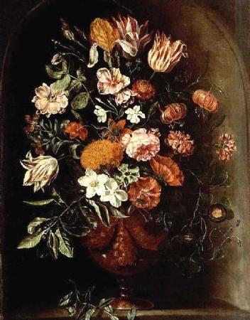 unknow artist A still life with tulips, roses, a red turban cup lily, auricula, jasmin, an iris, carnations and other flowers in a vase, all in a stone niche. Germany oil painting art
